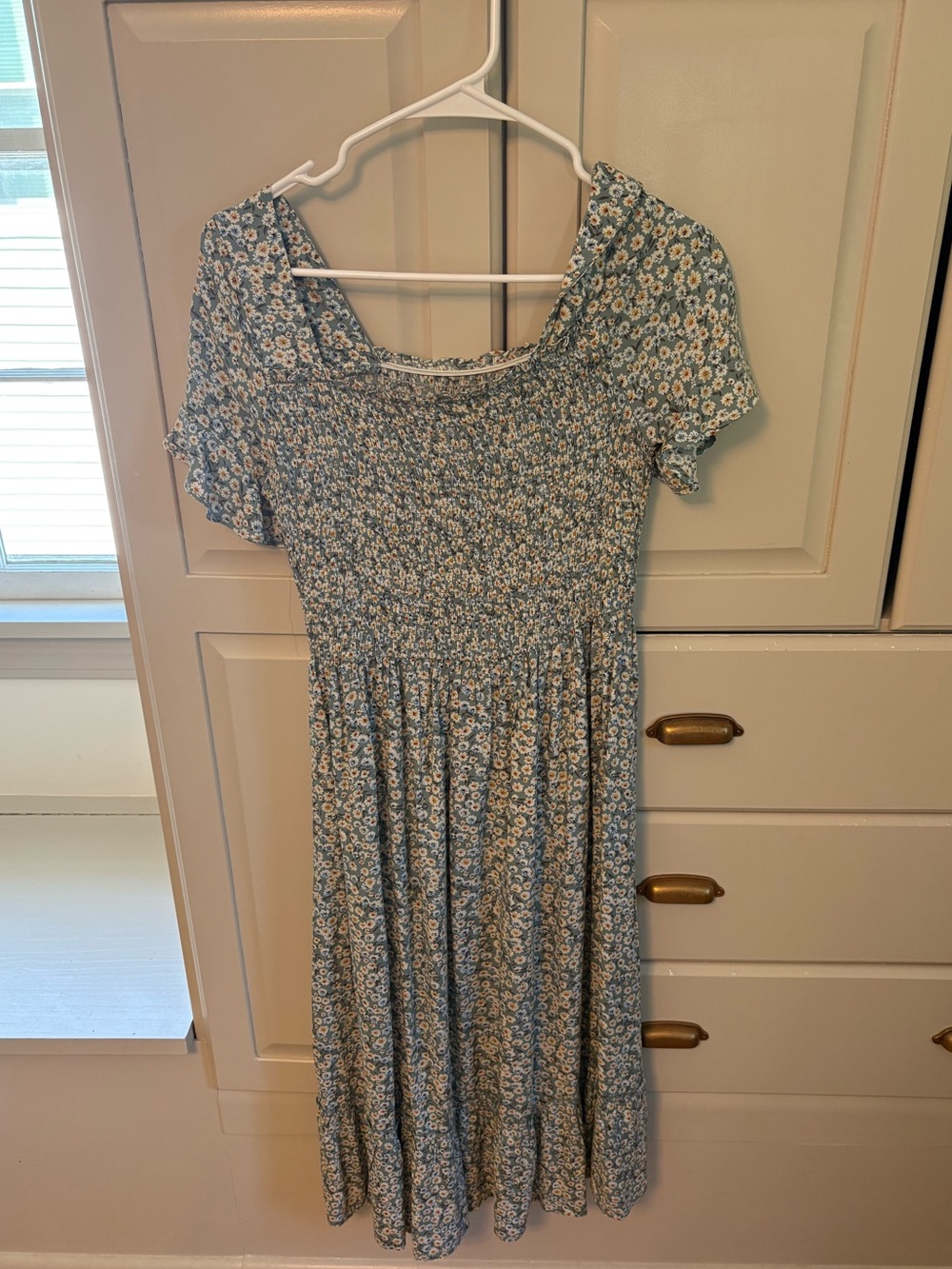 Floral Smocked Midi Dress in Light Blue- Maternity